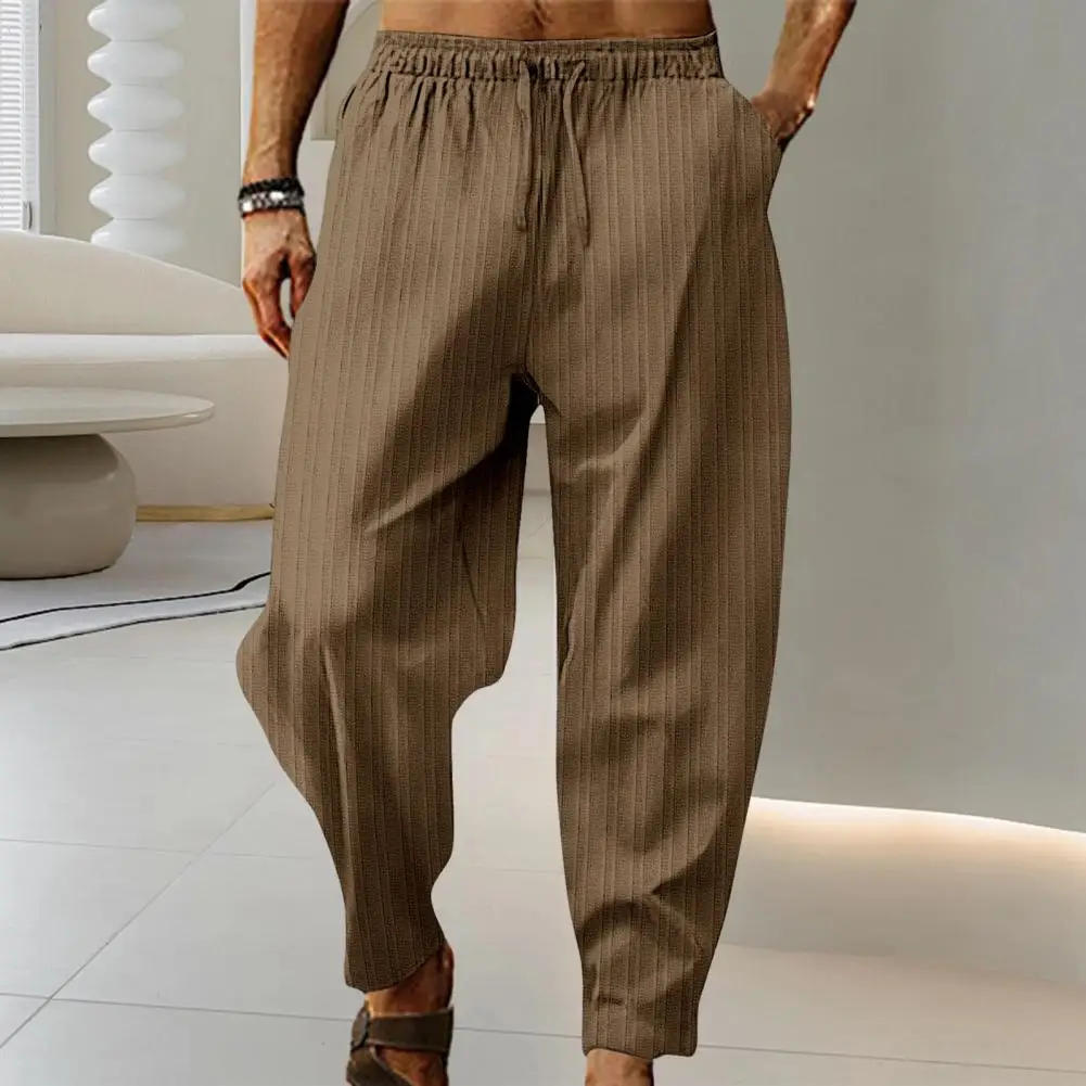 Description Picture 3 of itemMen's Spring Autumn Casual Solid Color Pants Fashion Drawstring Elastic Waist Striped Trousers Loose Comfort Sweatpants