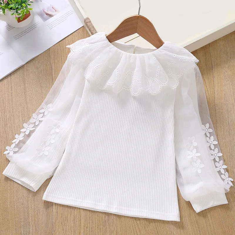 Kids Shirts Autumn Cotton Baby Toddler Teen Princess School Girls Blouse Lace Puff Long Sleeve