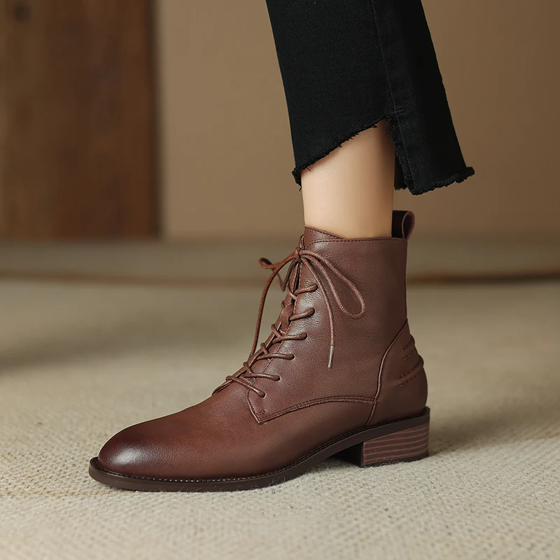 Split Leather Women Boots Hot Sales Autumn Shoes for Women Winter Handmade Boots Square Toe Chunky Heels Shoes Zapatos Mujer