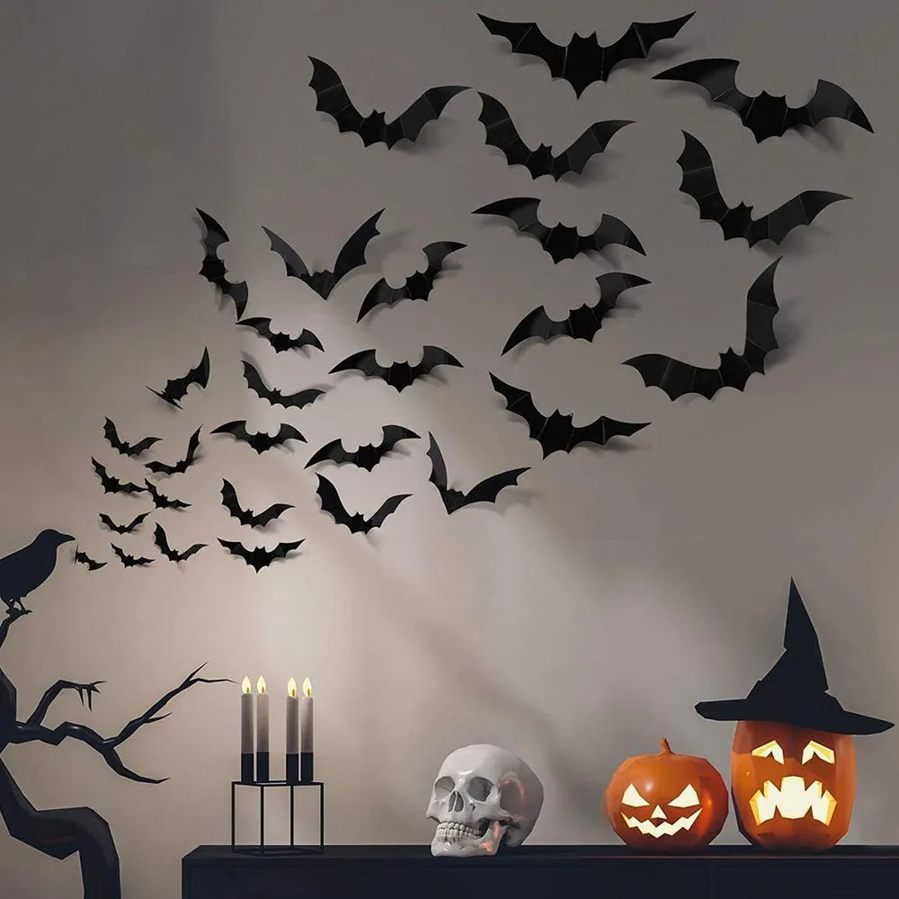 Wall Stickers 12/24/48pcs Halloween Decoration 3D Black Bat Halloween Party DIY Bar Room Decor Party Scary Props Wall Sticker