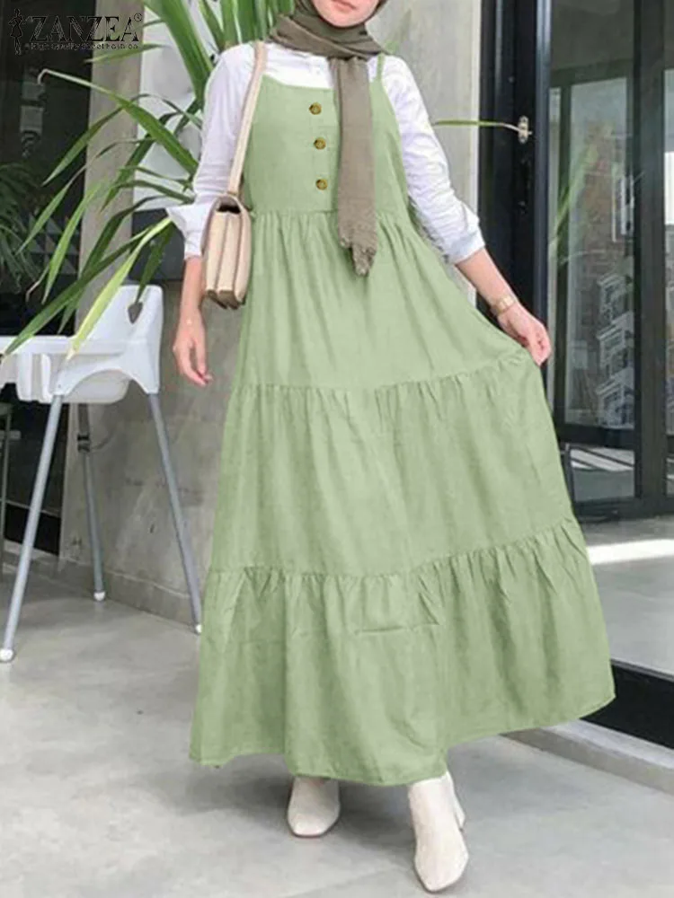 

ZANZEA Mulsim Abaya Women Vintage Overalls Dress Summer Suspenders Sundress Holiday Robe Turkey Long Vestido Islamic Clothing