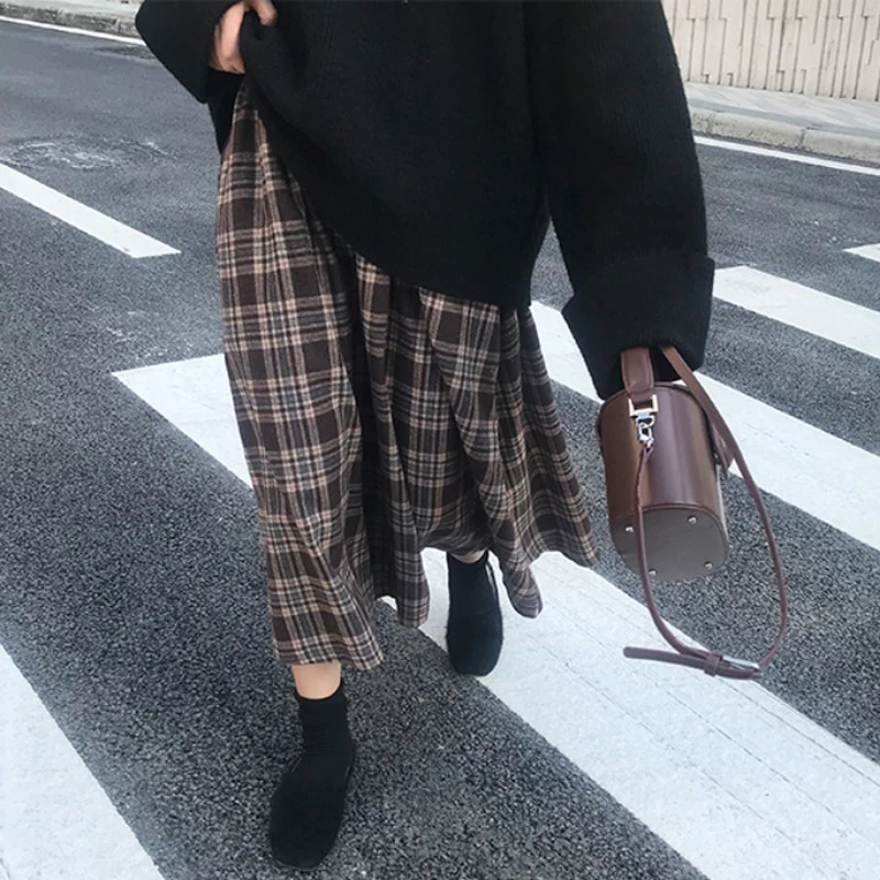 2022 Spring Autumn Korean Women Skirts Plaid Style Loose High Waist Midi A-line Skirt Fashion Streetwear Harajuku Woman Clothing silk skirt