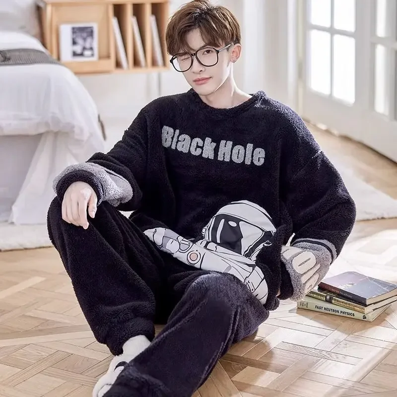 Pajamas Men Coral Velvet Sleepwear Sets Autumn Winter Nightgown Male Plush Thick Household Aparel Youth Flannel Home Wear Suit