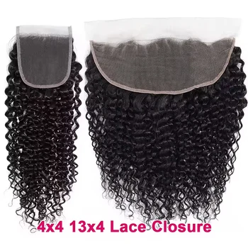 Kinky Curly 13X4 Lace Frontal Brazilian Virgin Human Hair Preplucked 4x4 Transparent Lace Closure Human Hair 150% Density 1