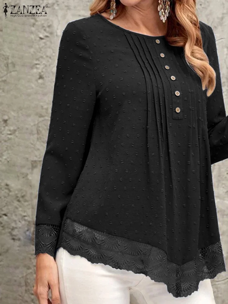 

ZANZEA Women Buttons O-neck Tops Casual Loose Lace Stitching Blouse Fashion Solid Long Sleeve Shirts 2023 Autumn Pleating Blusas