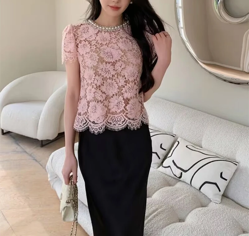 2025 New Pink Floral Eyelash Lace Women Tops Pearl Decoration Short Sleeve Round Neck Lady Pullover Tops With Lining