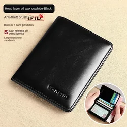Premium Genuine Leather RFID Slim Vertical Wallet for Men - Minimalist Black/Card Holder (OilWaxBlack)