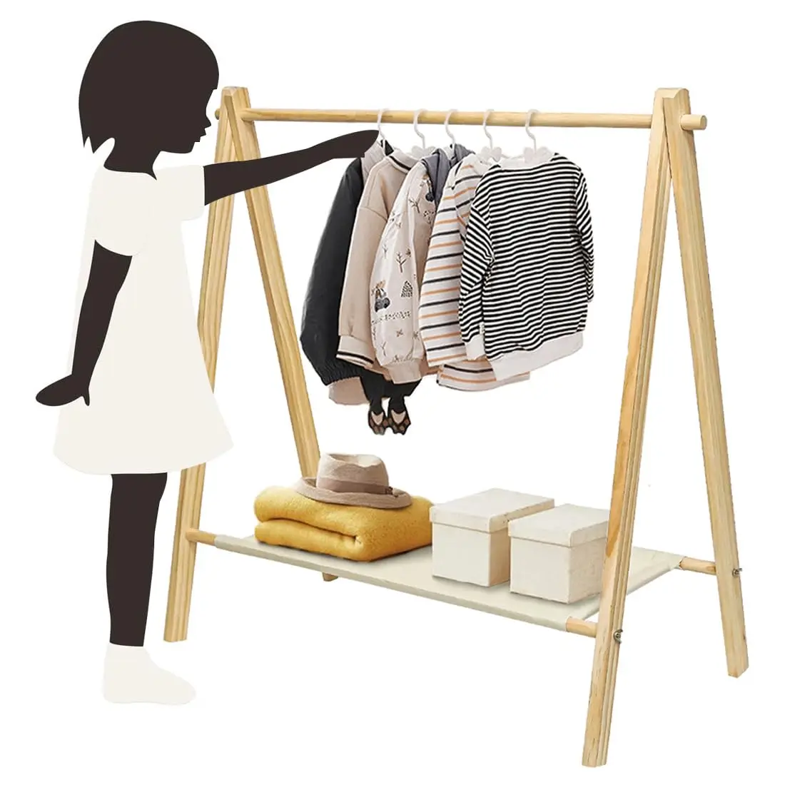 

Pine Wood Delight: Garment Rack with Bottom Storage Shelf - Dress Up Rack for Kids (35" Width)