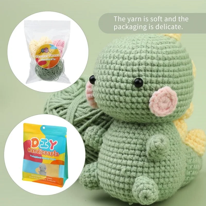 BUDDUR Dinosaur Crochet Knitting Kit Instruction Cotton Yarn Thread Doll Making DIY Handmade Craft Accessories Set
