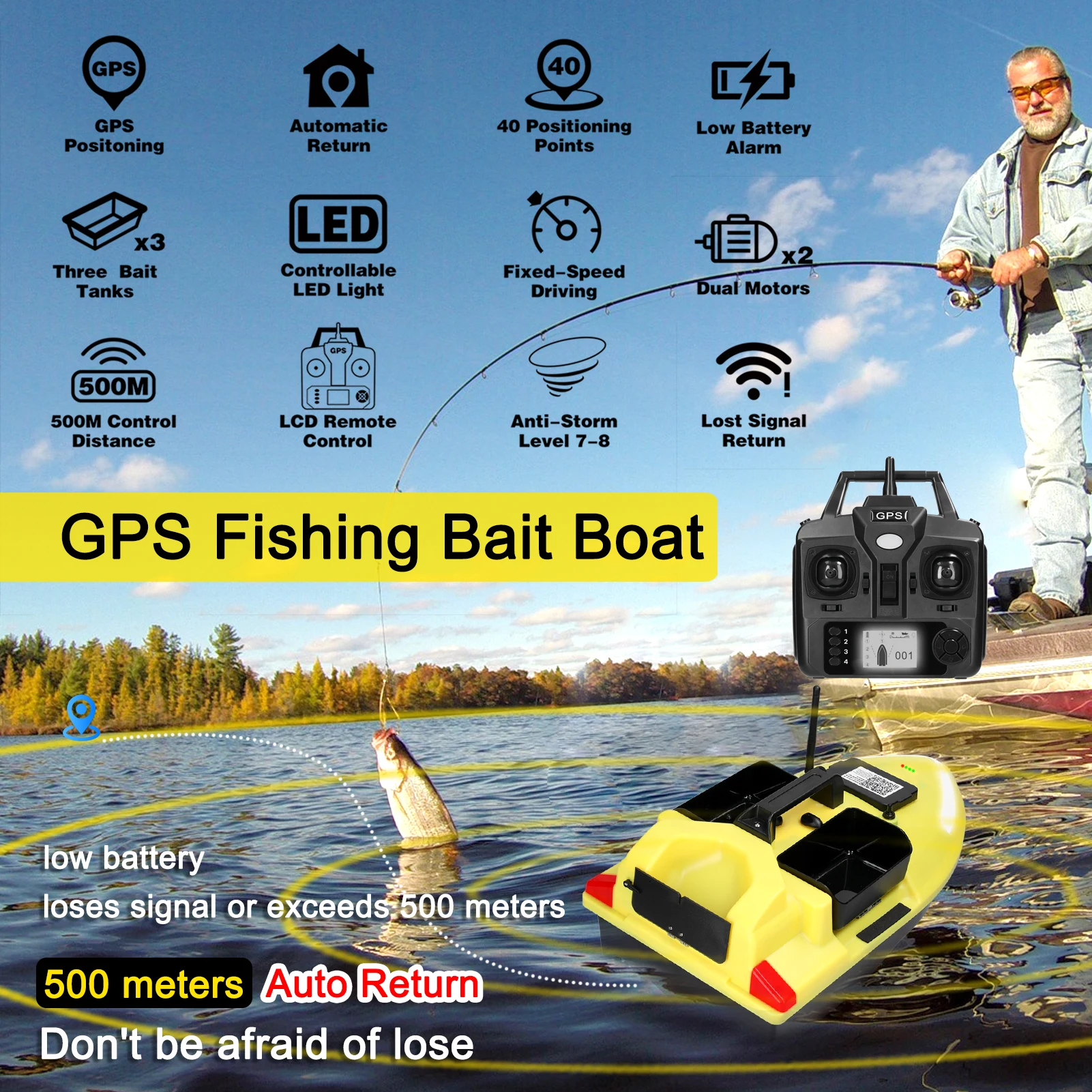 RC Bait Boat 500M Auto Driving Return V900 GPS 40 Points Sonar 1.5KG V700  With