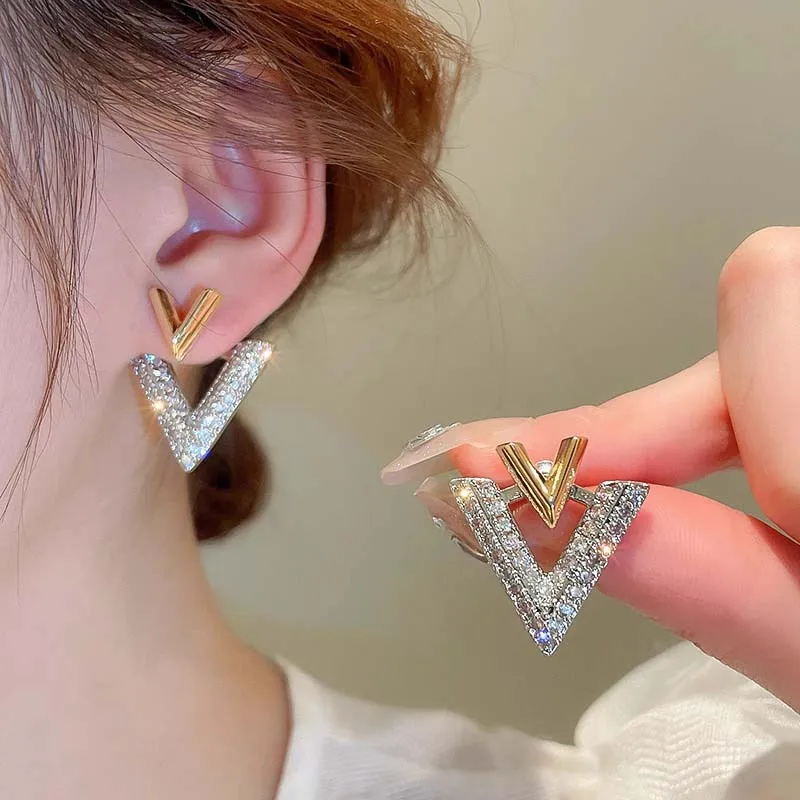 2025 New Korean Gold Color Zircon Letter V Stud Earrings For Women
