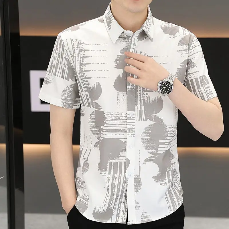 Summer Men's 2024 New Turndown Collar Patchwork Button Fashion Print Slim Fit Comfortable All Match Casual Short Sleeved Shirts