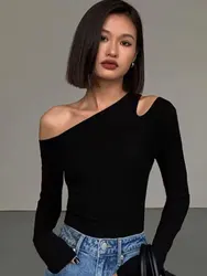 Chic Off - Shoulder Long - Sleeve Slim Crop Top with Hollow Out Design - M (Black)