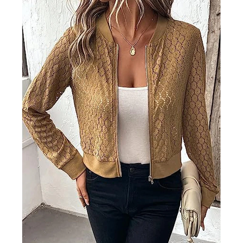 

Модная простая кружевная женская блузка с вырезами, 2023, прозрачная рубашка на молнии, куртка-пилот с Бейсбольным воротником, элегантные топы с длинным рукавом, 28722