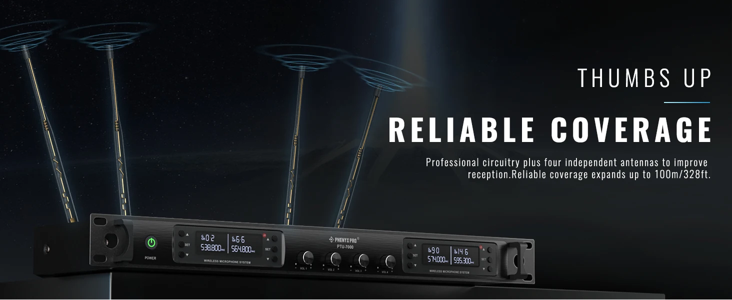 Professionelles UHF-Funkmikrofon Phenyx Pro 4-Kanal-Auto-Scan, wählbare Frequenz, Metall, 100 m, zum Singen der Kirche PTU7000 – Detail 8