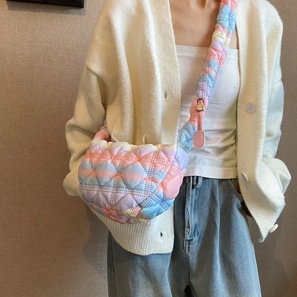 Gradient Pink PU Leather Crossbody Bags Women Fashion Versatile Cloud Shoulder Bag Female Casual Bubble Pleated Down Handbags