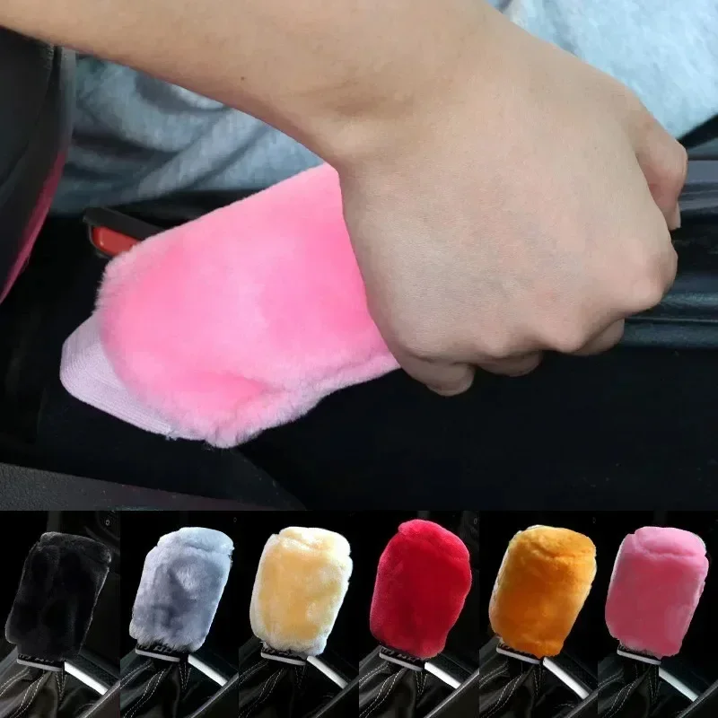 2pcs Warm Plush Car Shift Handle Cover Grip Non-Slip Protective Handbrake Grips Shift Knob Cover Interior Accessory