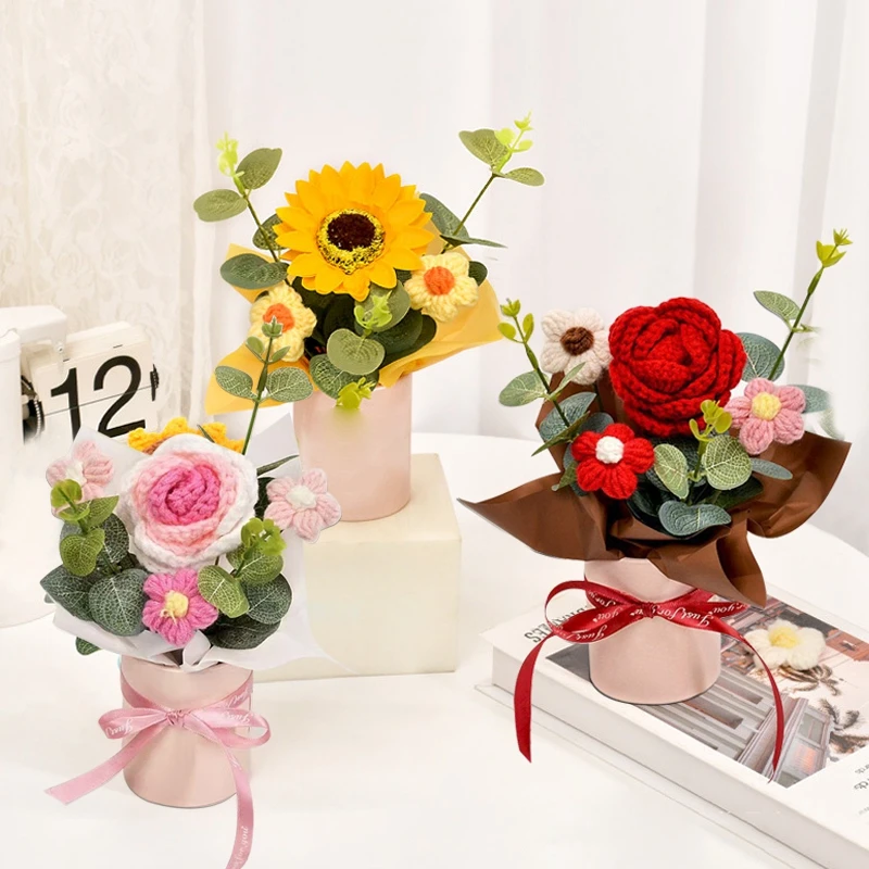 Elegant Knitted Flower Bouquet with Crochet Roses - Perfect Gift