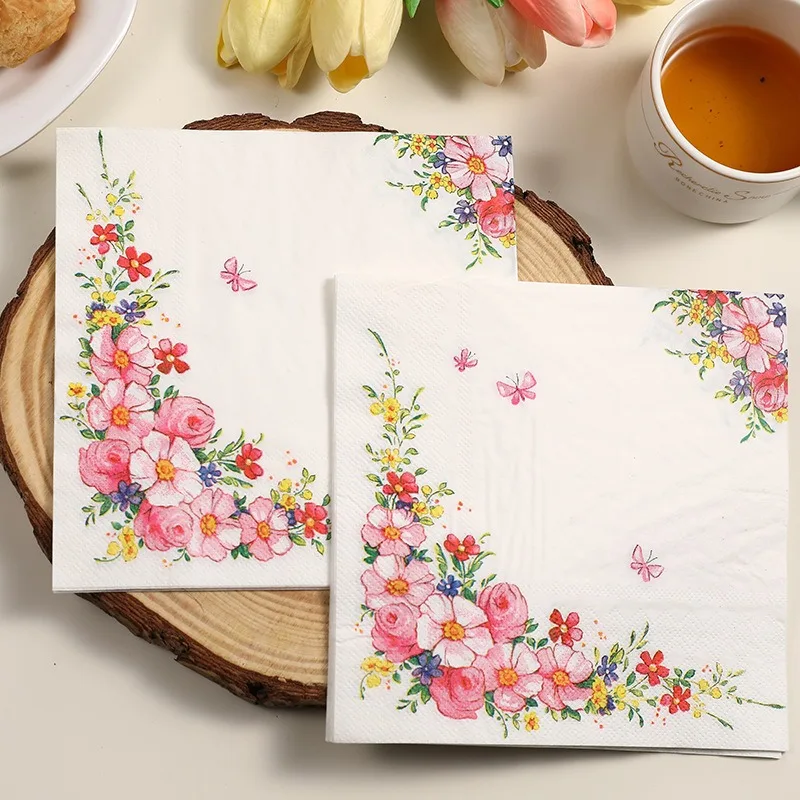 20pcs/pack Flower Paper Napkins Cocktail Wedding Birthday Party Decoration 2-Ply Square Dinner Napkin