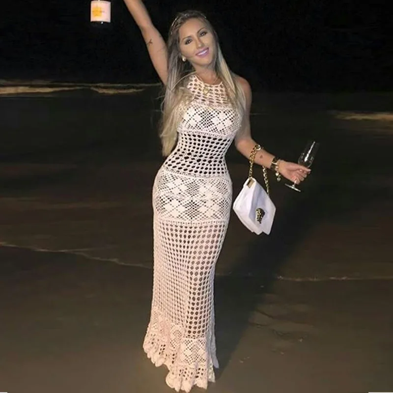 

Модное женское пляжное платье, бикини, вязаное пляжное Белое Облегающее платье без рукавов с вырезами, лето 2023