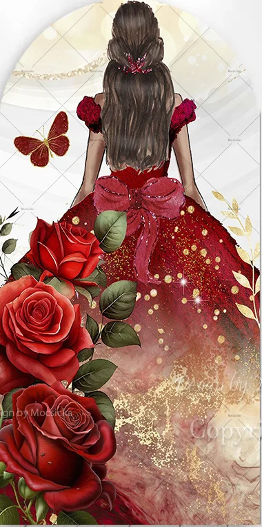 Mocsicka Quinceanera Girl 15th Birthday Wedding Arch Backdrop Cover Red Rose Butterfly Glitter Gold Marble Texture Background