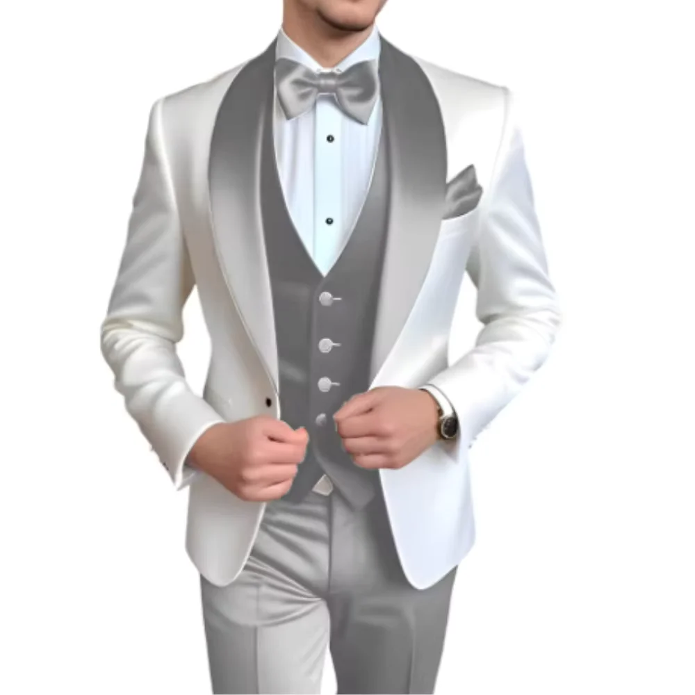 Solid Color Slim Fit Men's Tuxedo 3-Piece Set Fashion Business Wedding Suit with Shawl Lapel Blazer Vest Pants for Groom Party