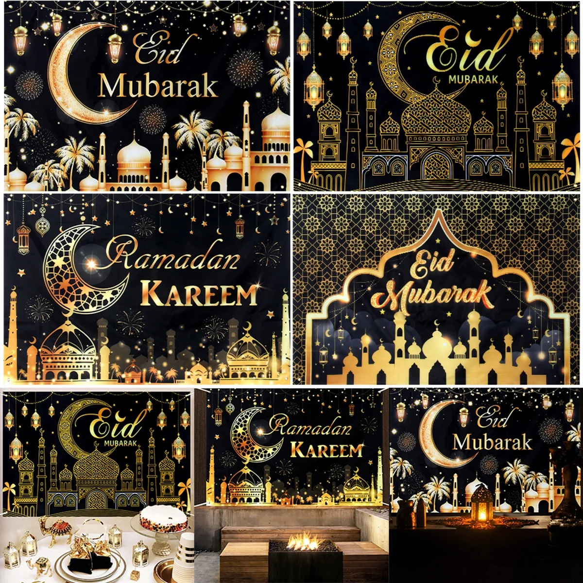 Ushinemi 2 in 1 Ramadan Mubarak Banner Eid Decorations, Glitter Ramadan Decorations for Home, Eid Banner with Moon Lantern Sign for Wall Decor