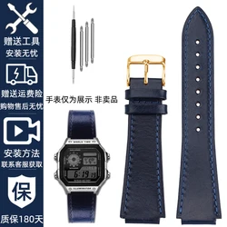 Vintage Style Retro Genuine Leather Watchband with Convex Mouth Design - Men's Bracelet 18MM - 18mm (Blue - gold)