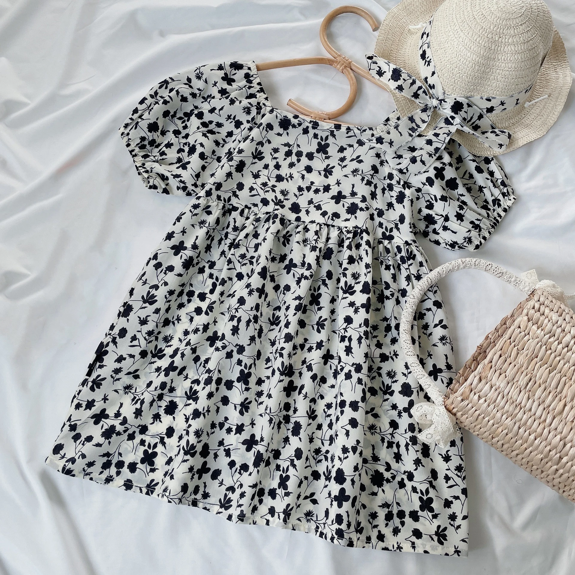 

2022 Summer New Chiffon Floral Casual Dress+Hat Girl Kid's Dress Children Dress Baby Girl Clothes For 2-6 Years