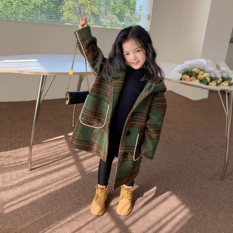 Girls Kids Woolen Coat Jacket Overcoat 2022 Classic Warm Plus Thicken Winter Cotton Fleece Children's Clothing