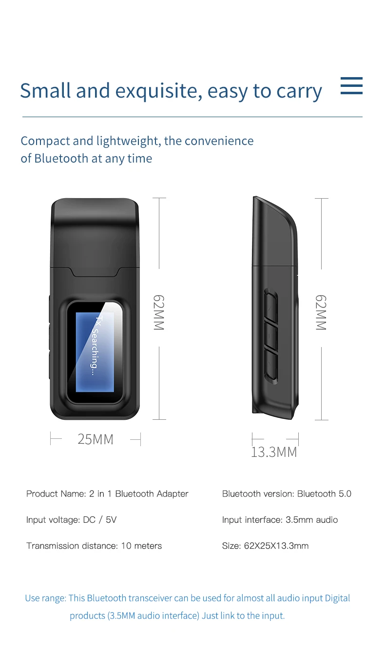USB 블루투스 수신기 송신기, 오디오, 블루투스 5.0 어댑터, 자동차 PC, TV, HD, HiFi 수신기, 무선 어댑터, LCD 3.5MM, AUX