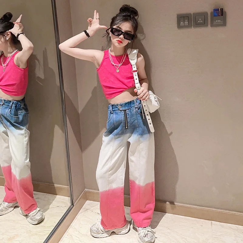 

two piece set teenage girls vest + denim wide leg pants change color streetwear kids clothes dance hip hop 4 to 16 years