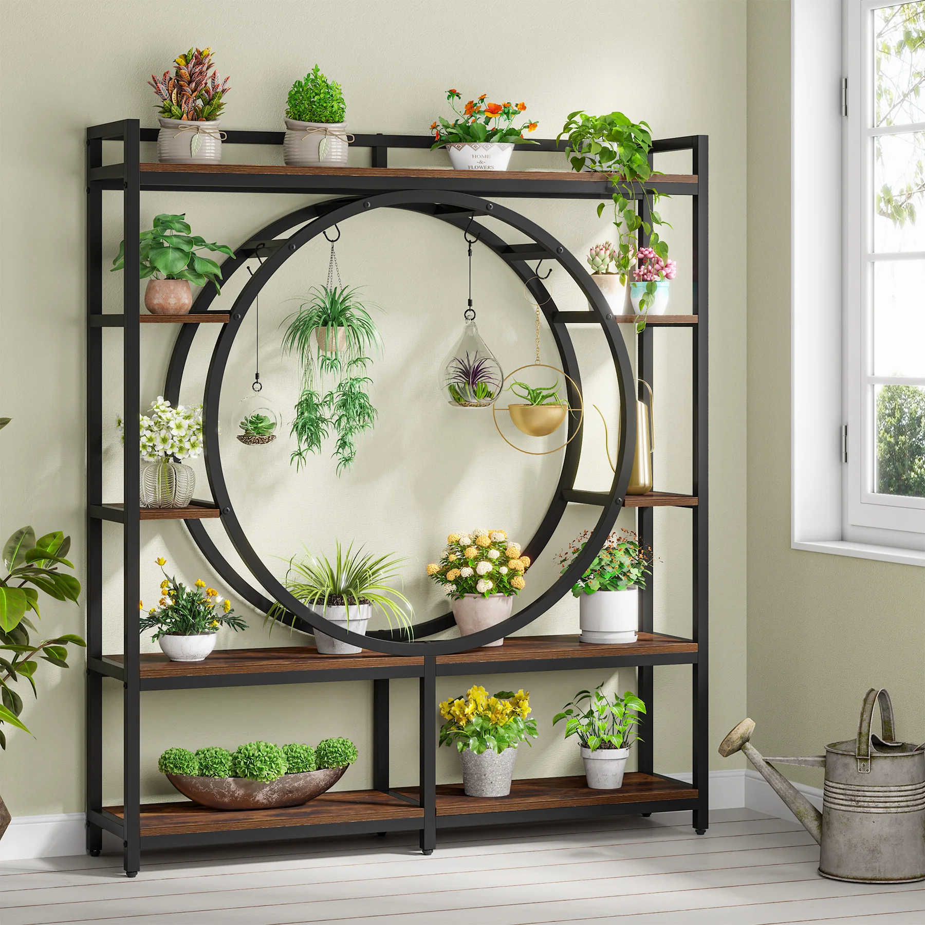 Tribesigns 5-Tier Tall Plant Stand Indoor, 59" Wide Large Metal Plant Stand with 4 Hanging Hooks, Multi-Tiered Shelf