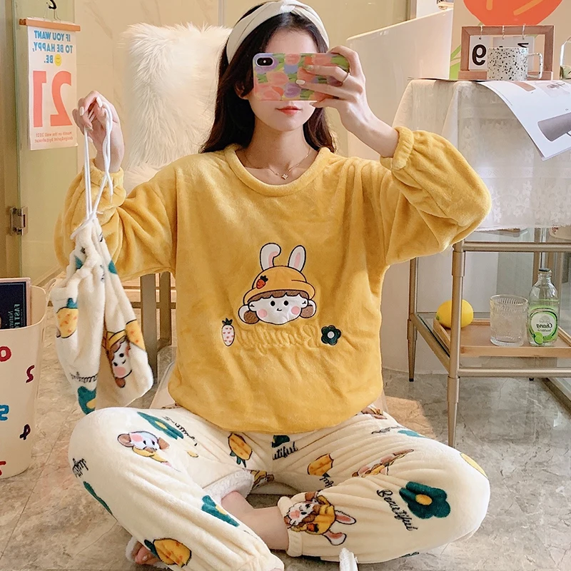 Roupa De Dormir Feminina Kawaii Flanela Conjunto De Pijama Feminino Inverno  Veludo Manga Longa Roupas Quentes Para Casa Anime Pijama Para Jovem  Camisola Gif De $124,7