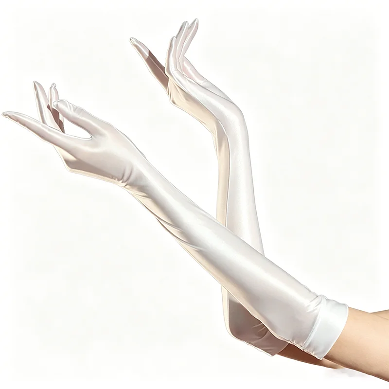 43cm Women Elastic Stain Smooth Five Finger Long Gloves Oil Shiny Glossy Sun Protection Party Wedding Luxury Silky Maid Gloves