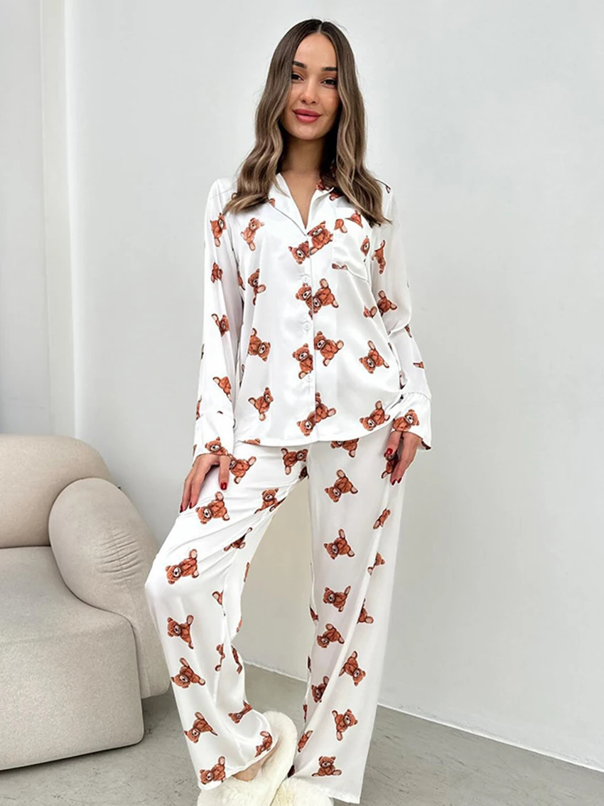 Marthaqiqi Casual Women'S Pajamas 2 Piece Set Long Sleeve Nightgowns Sexy Turn-Down Collar Sleepwear Wide Leg Pants Nightie Suit