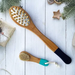 Navy 2 In 1 Dry Massage Wet Exfoliating Handle Bamboo Bathbrush Back Scrub Body Brushes Double-sided Bath Brush Loofah Towel Set
