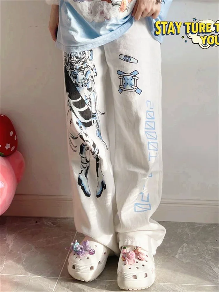 Qweek Y2K Anime Print Pantaloni Bianchi Donna Harajuku Manga Subculture Pantaloni A Gamba Larga Pantaloni Sportivi Kawaii Cartoon In Stile Giapponese
