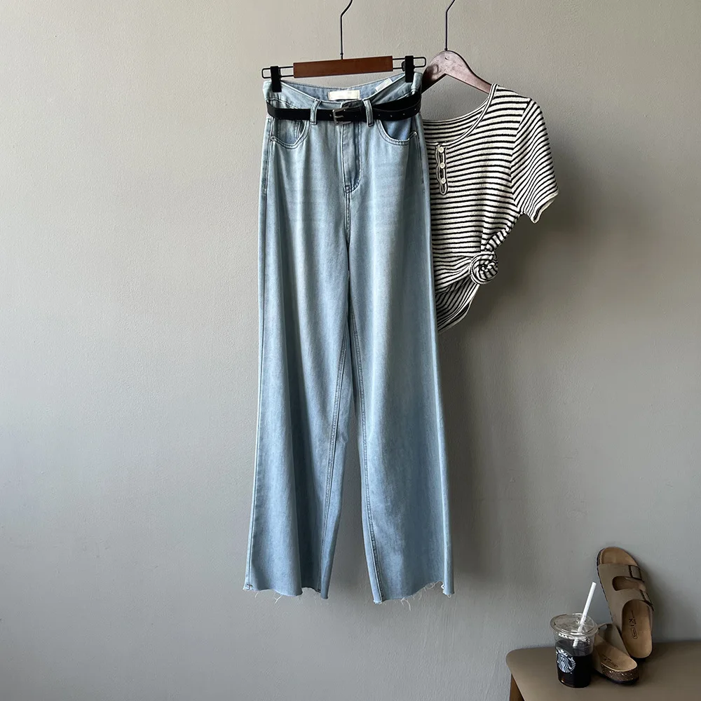 Women Clothing Thin Retro Wide-leg Jeans 2024 Summer High-waisted New Fashionable Casual Solid Color Straight-leg Pants