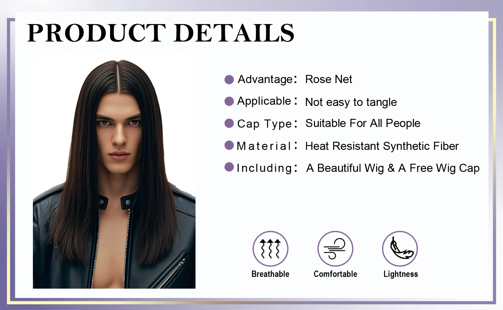 Men'S Black Long Straight Synthetic Wig Realistic Rock Style with Bangs for Cosplay Themed Parties Easy Snap Closure Party