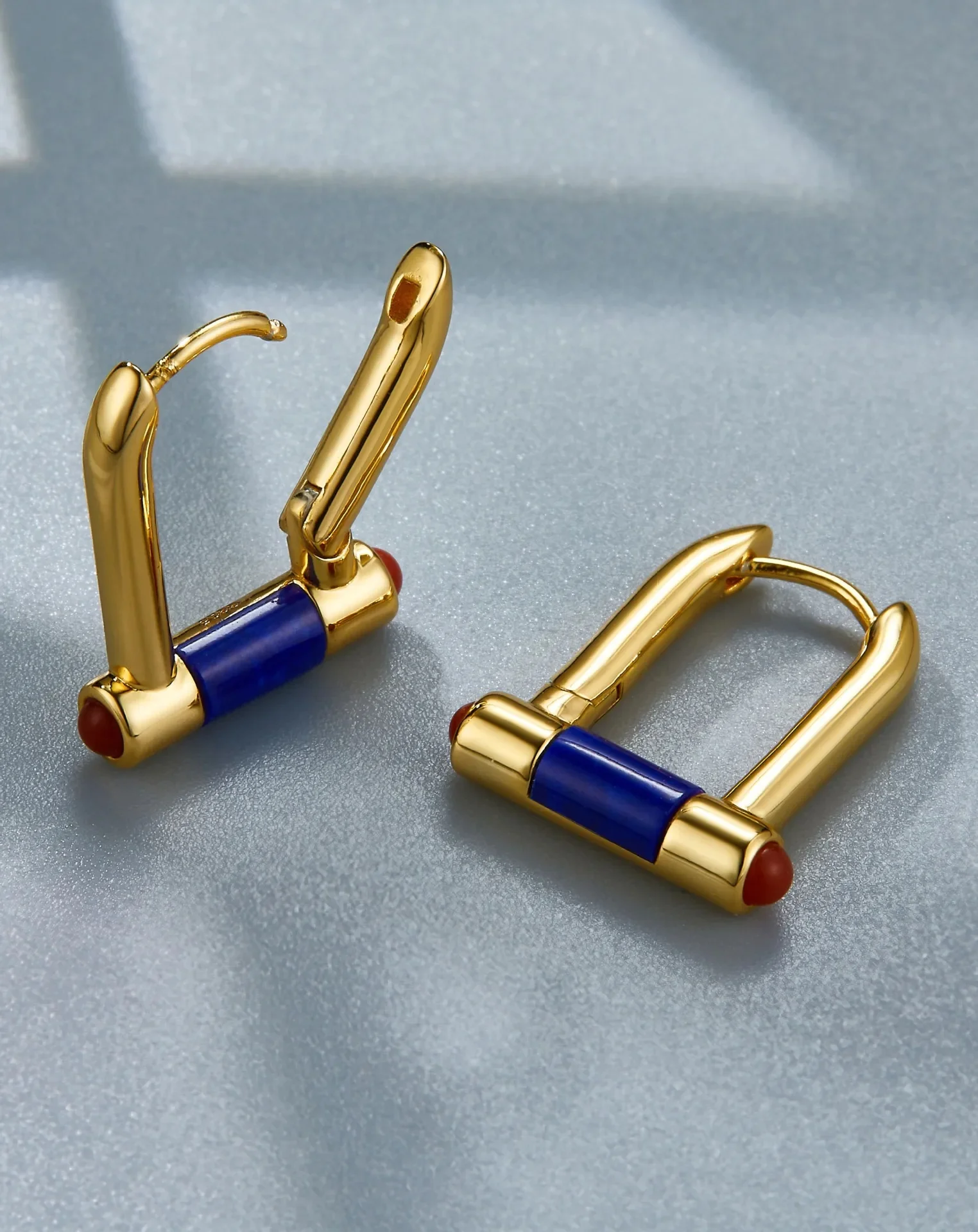 French Trendy Silver and Gold-Plated Lapis Lazuli Huggie U-Hoop Earrings
