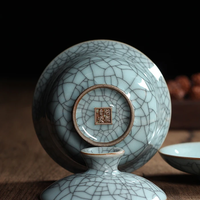 [GRANDNESS] Chinese Ge Kiln Longquan Celadon Porcelain Gaiwan China Teacups and Tea Bowl Ceramic 155ml Crackle Glaze Tea Pot