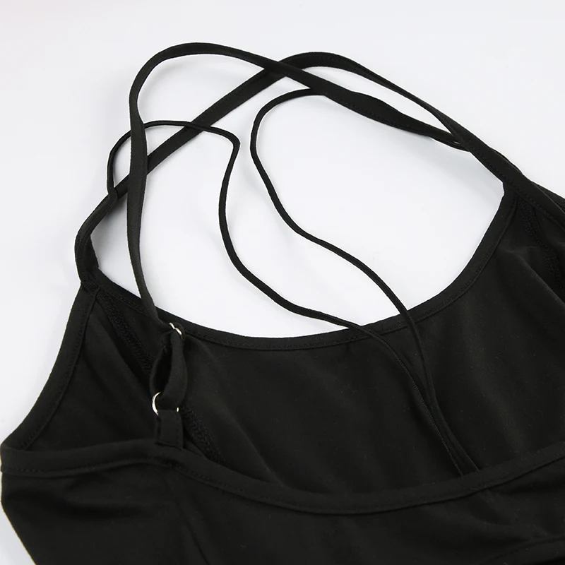 Mono negro sin mangas ajustado con espalda descubierta y corte cruzado para mujer, ropa deportiva informal