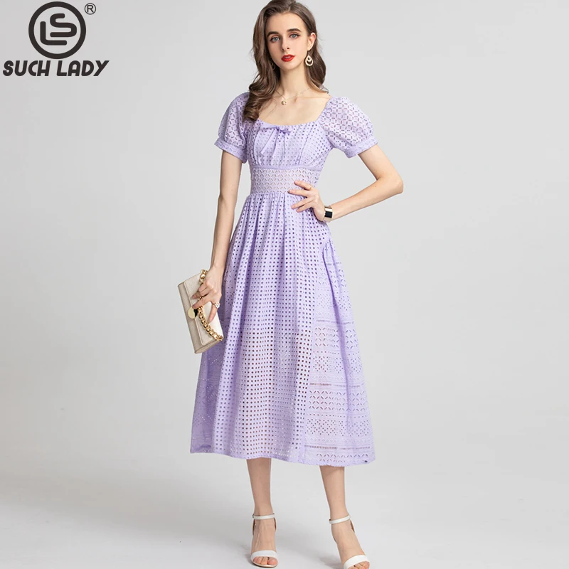 

Women's Runway Dresses Suare Neckline Short Sleeves Hollow Out Elegant Fashion Mid Party Prom Gown