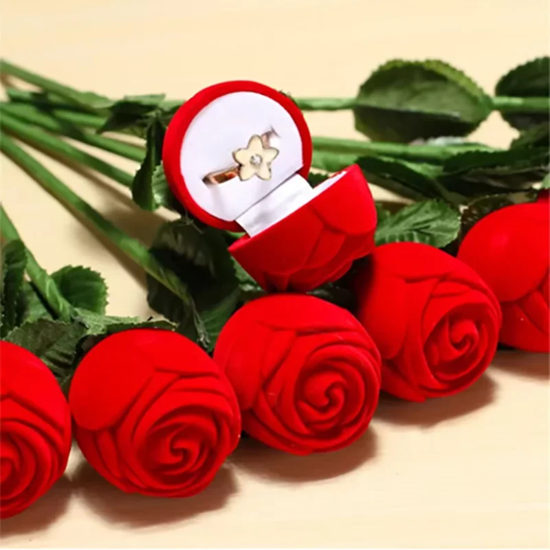 Flocked Rose Ring Box Long Root Rose Earring Ring Storage Box