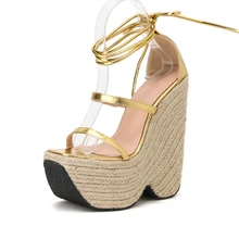 RIBETRINI-alpargatas metálicas doradas para mujer, sandalias de cuña con y tacón de tiras, zapatos verano de tacón súper alto de 16 - AliExpress