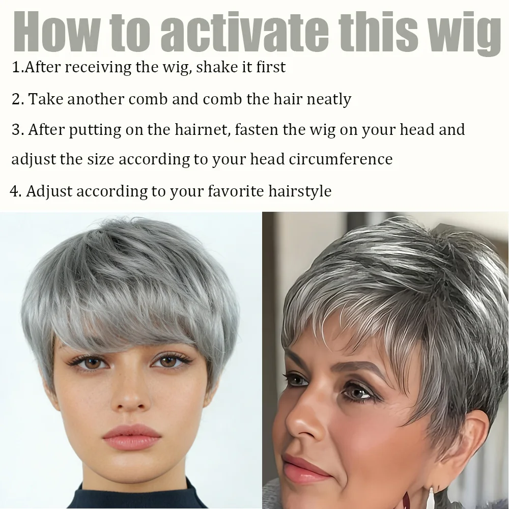 회색 인모 가발 짧은 픽시컷 가발 흑인 여성용 인모 기계 제작 가발 앞머리 있는 컬러 짧은 보브 가발
