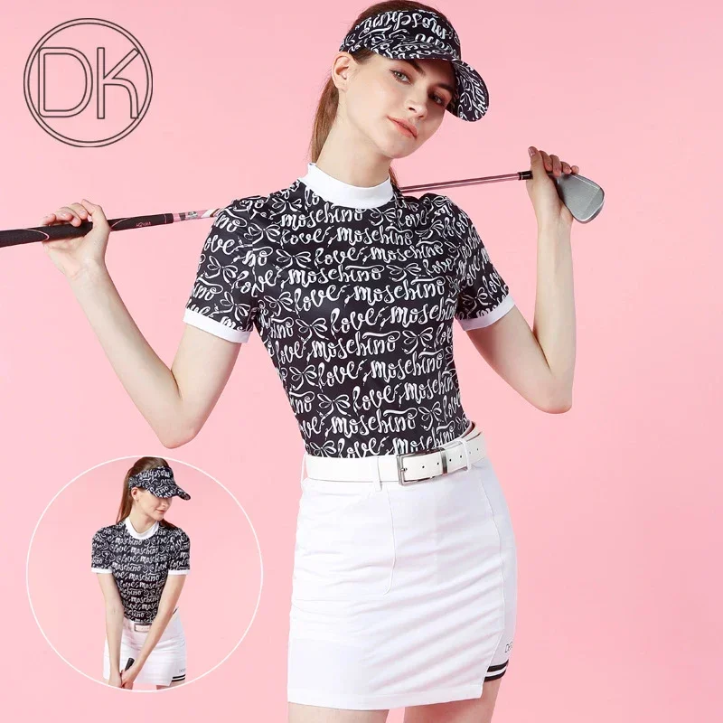 DK Women Letter Print Golf Shirt Soft Short Sleeve T-shirt Ladies Pencil Anti-light Skirt Breathable Slim Golf Culottes Suits
