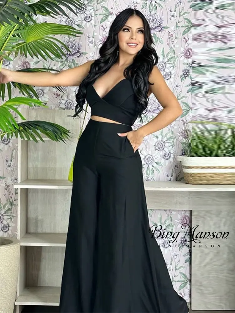 Spring New Women's Two-piece Solid Color Suspender Vest High Waist Pocket Wide Leg Pants Casual Suit Monos Mujer