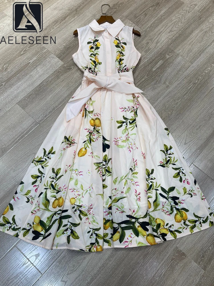 

AELESEEN Runway Fashion Long Dress Women Turn-down Sleeveless Lemon Flower Print Belt Casual High Street Ladies Vacation